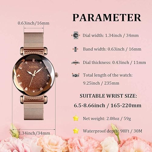 Miniatura 6 de SKMEI Lady Watches for Women Waterproof Casual Fashion Dress Japanese Quartz Movement Luminous Mesh Stainless Steel Wristwatch Gifts Rose Gold Black