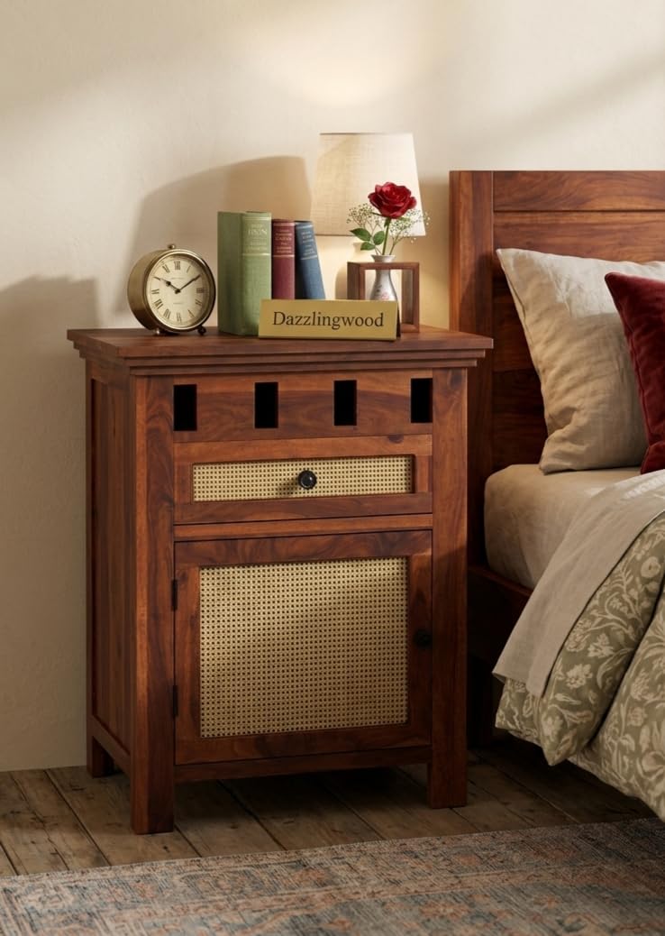 Sheesham Wood With Ratan Cane Bedside Table for Bedroom Living Room Home Office with 1 Drawer and Cabinet Storage Solid Wood Table Furniture | End Table | Nightstand | Sofa Side Table (Honey Finish)-image-42