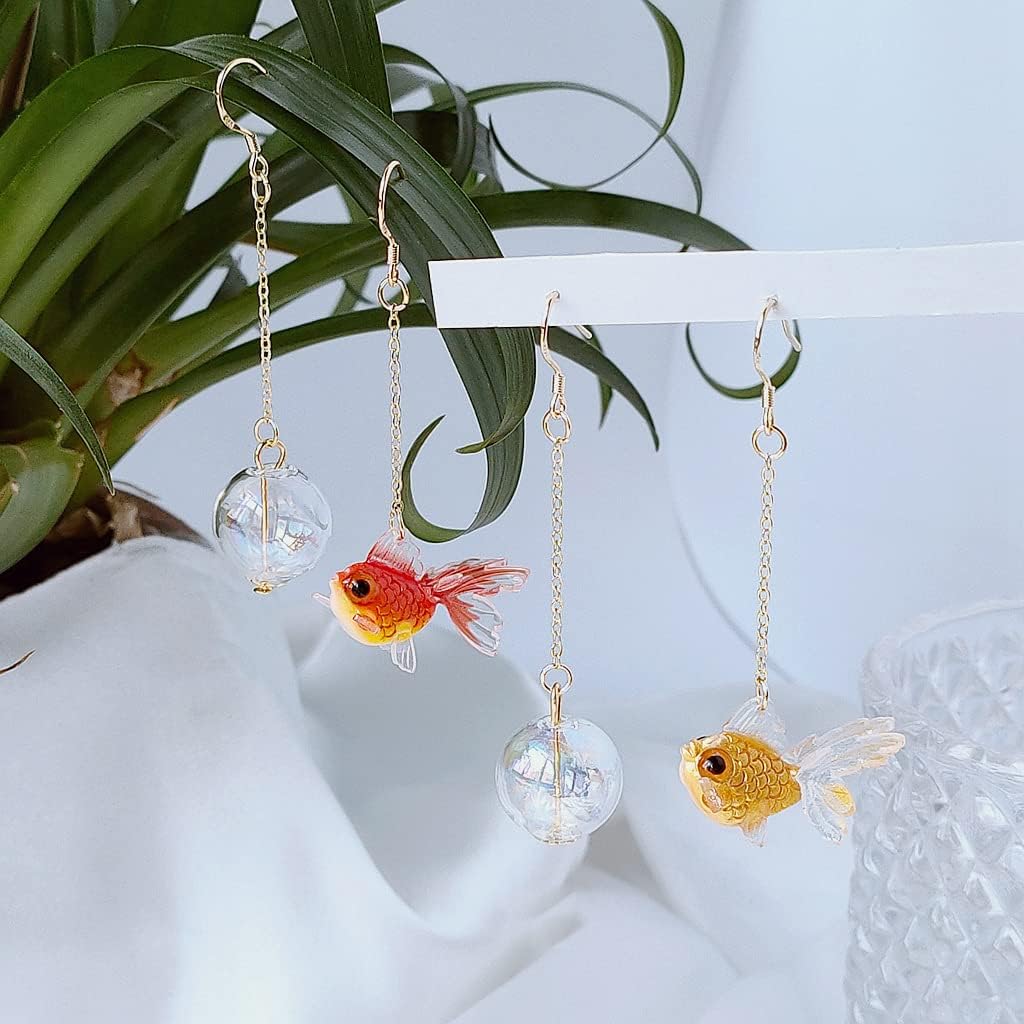 Funny Cute Asymmetry Goldfish Dangle Drop Earrings Lovely Acrylic Resin transparent Glass Ball Fish Earrings for Women