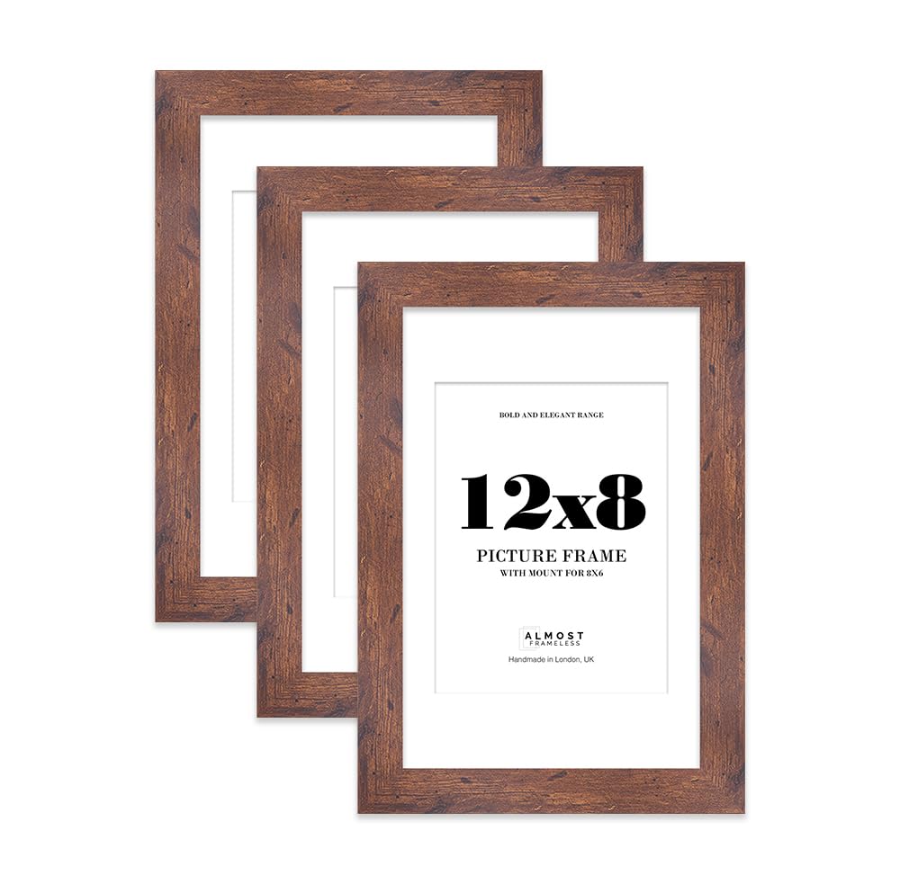 12x8 Rustic Wood Frame With Mount for 8x6 Pictures 28mm Edge Portrait and Landscape Display with Wall Hooks and Kickstand, 3 Pack