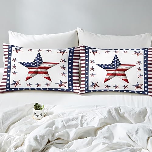 Miniatura 4 de Juego de ropa de cama estilo bandera estadounidense para niños, niñas, mujeres, hombres, funda de edredón geométrica retro, transpirable, azul, rojo