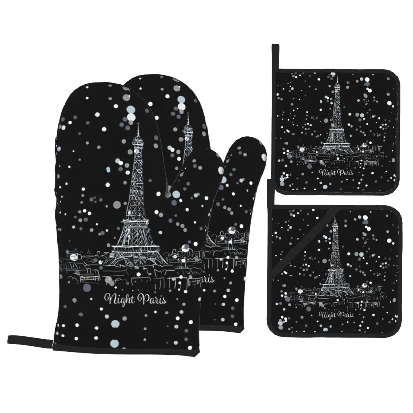 Night Paris Eiffel Tower Print Stylish 4-Piece Microwaving Oven Waterproof Kitchen Gloves Baking Holiday Cooking