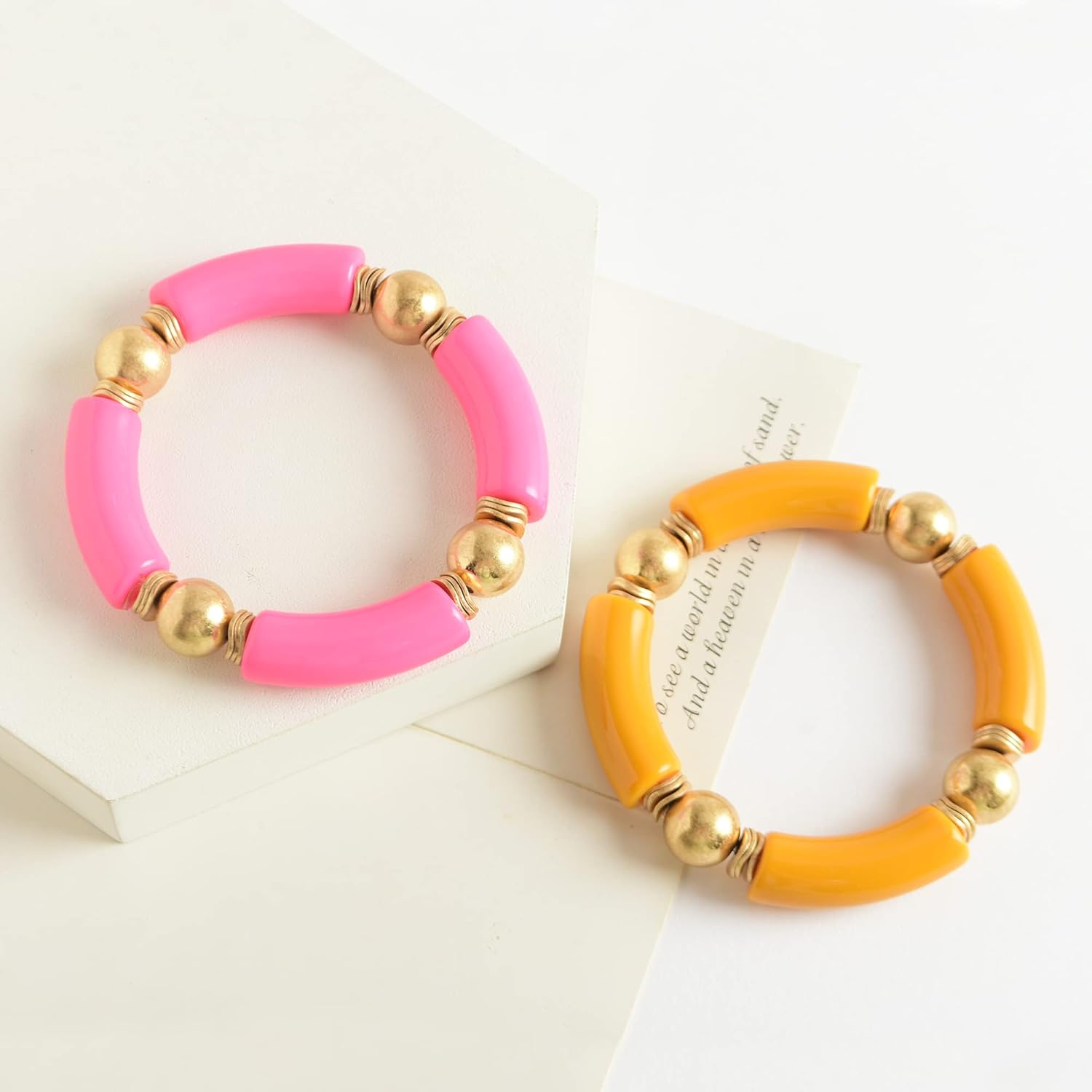 LALAPPLE Gold Plated Beaded Acrylic Bamboo Tube Bangle Bracelets for Women, Colorful Chunky Curved Tube With Gold Plated Pieces Beads Stretch Bracelet Friendship Summer Beach Jewelry - Image 3