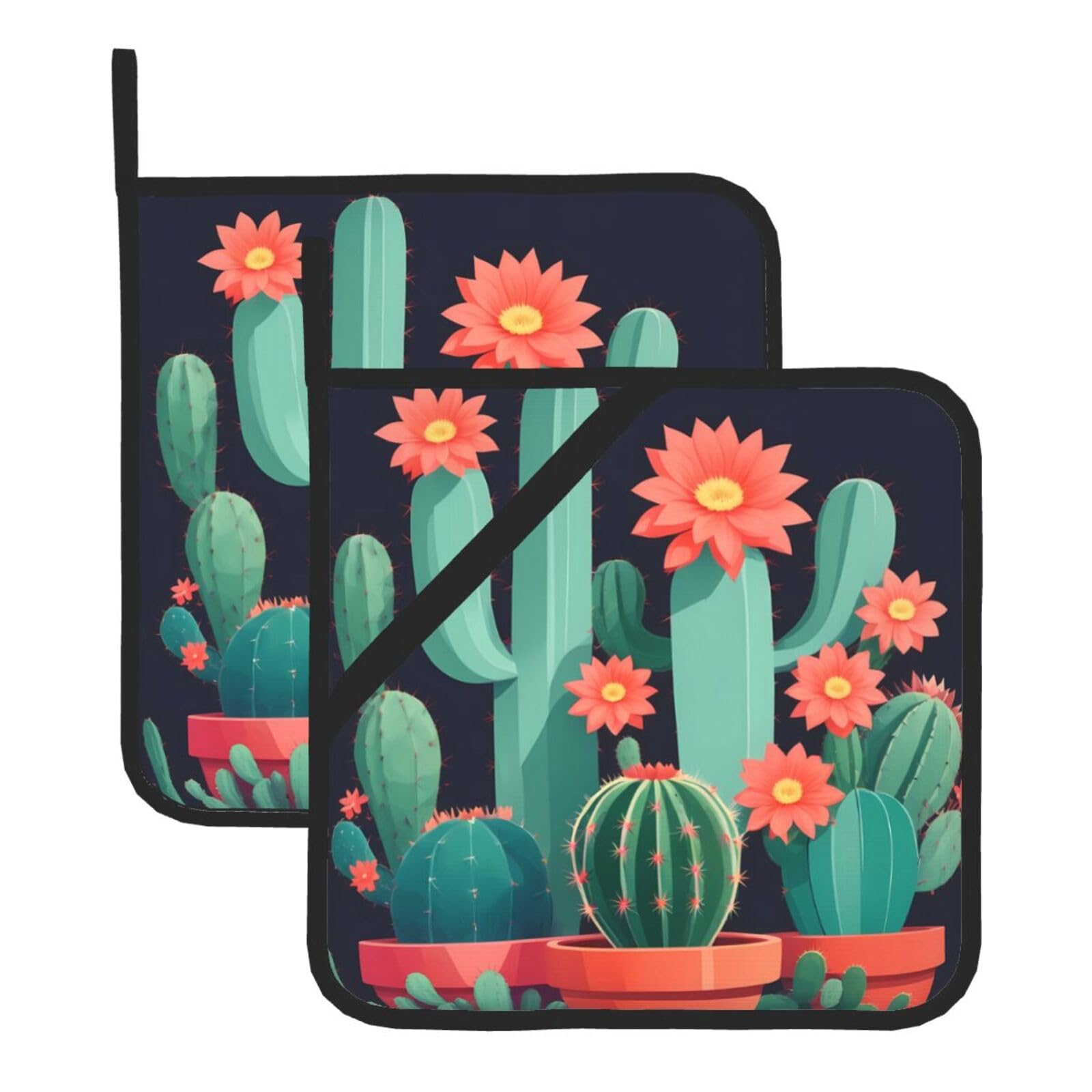 HJFCZH Retro Flower Cactus Printed Square Insulated Pot Mat Set (2-Piece) 8x8in Waterproof, Thickened & Easy to Clean with Lanyard Design for Kitchen, Oven & BBQ