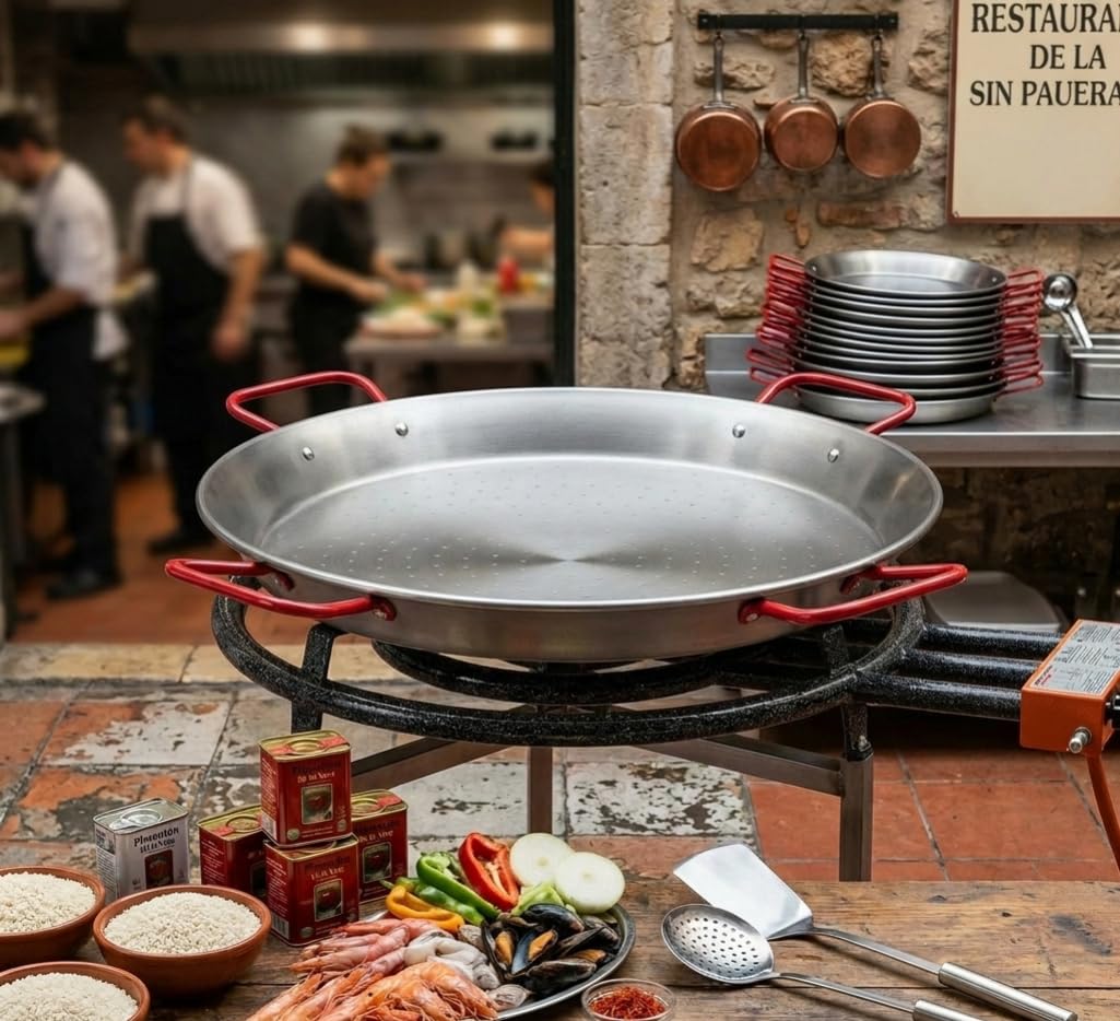 Suinga Paellera Clasica de Acero 90 cm | 6 Asas para Manejo Seguro | Capacidad para 50 Raciones | Uso Industrial para Grandes Eventos | Coccion Uniforme