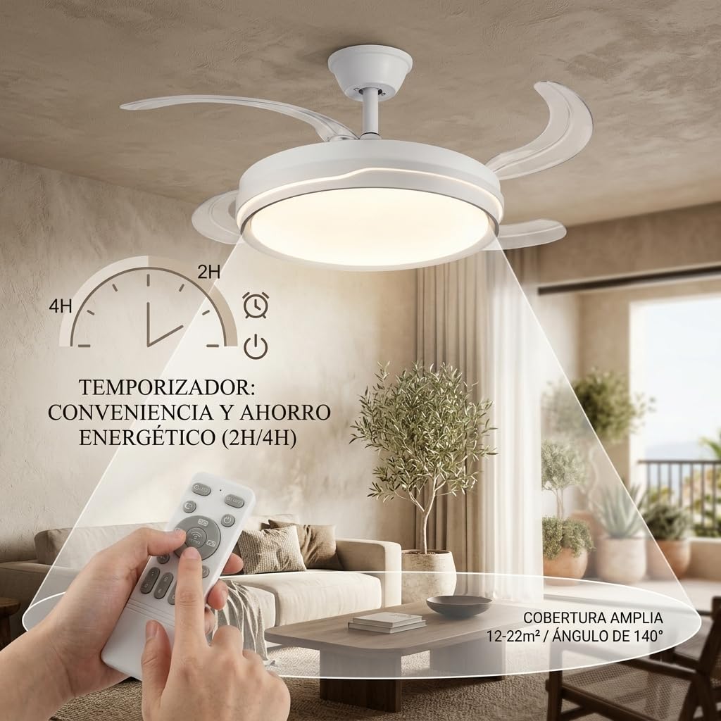 Ventilador de Techo Retráctil con Luz LED 70W, Motor DC 30W Silencioso, 107cm, 6 Velocidades, Luz Regulable con Memoria, Modo Noche, Temporizador 2H/4H, Reversible, con Mando (Raya Clásica)