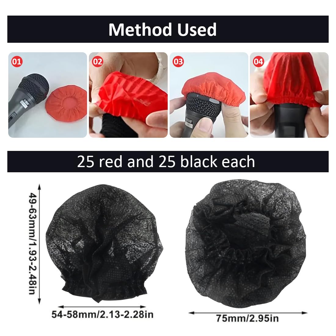 50 pièces couvertures de Micro hygiéniques jetables, antibactériennes, Non tissées, Mousse pour Microphone, la Plupart des Microphones Portables, karaoké, Concerts (25 Noir, 25 Rouge)