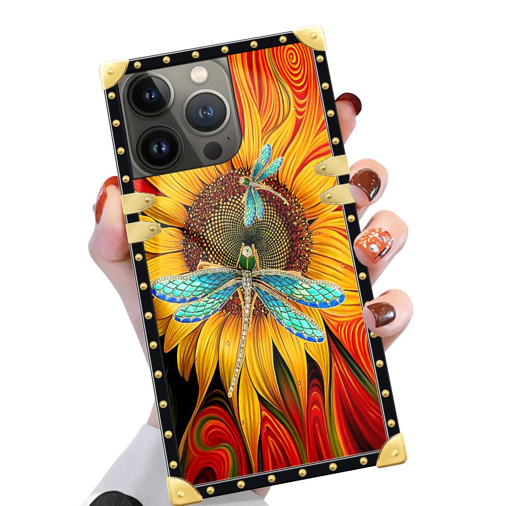 TAMEFOX Case Compatible with iPhone 14 Pro Max(6.7 in),Dragonfly in The Flower Gold Luxury Soft TPU Hard PC Back Shockproof Protective Cover Case for