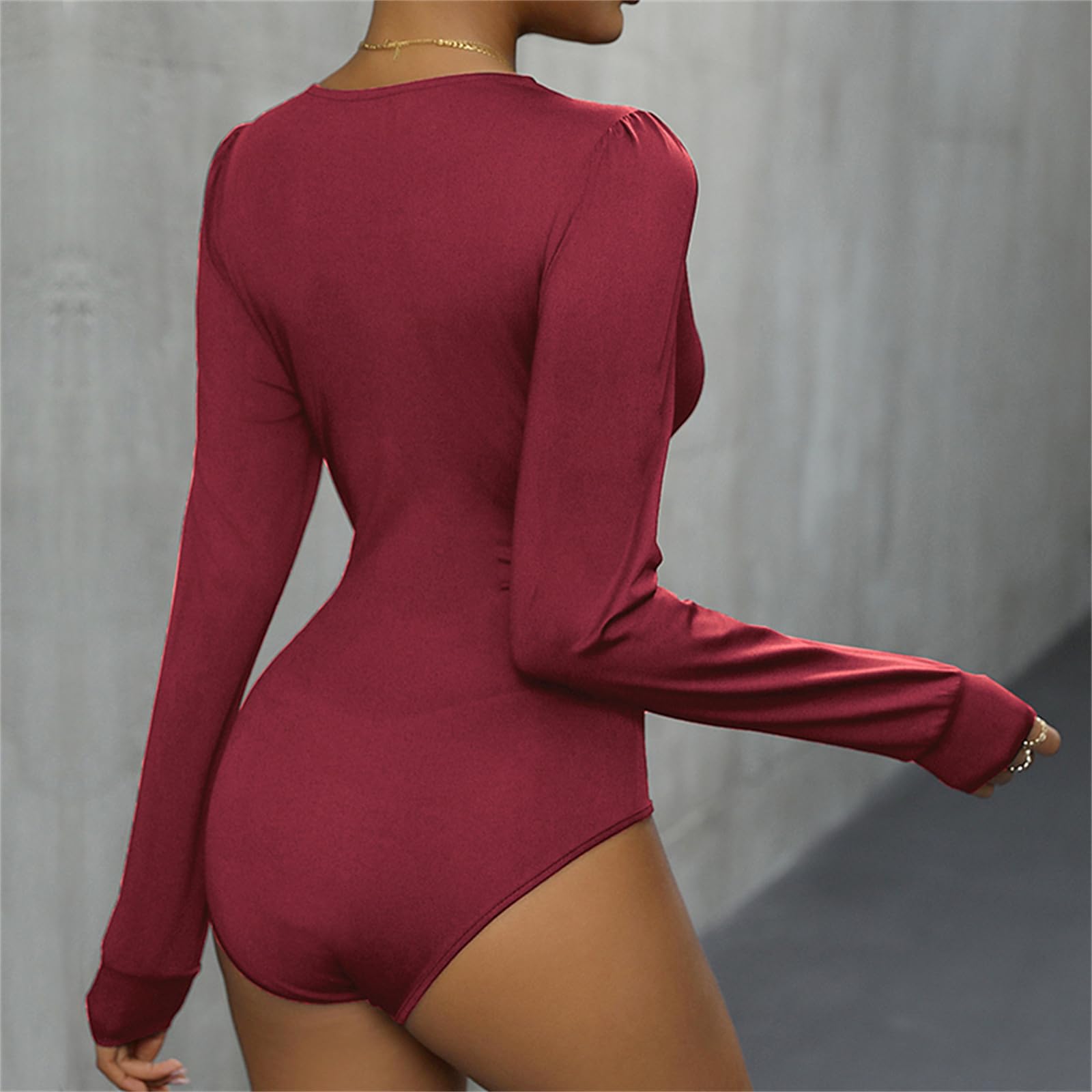 Daysskk Body da donna in pizzo a maniche lunghe con scollo a V sexy, Rosso vinaccia, S
