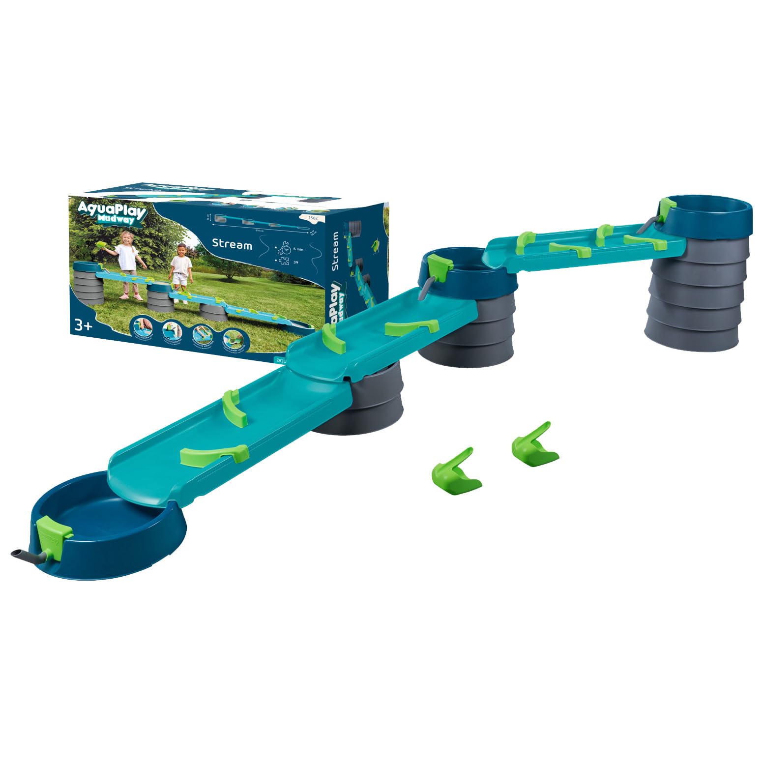 AquaPlay Mudway Stream - kombinierte Wasser- und Sandspielbahn, 3m Wasserbahn mit Schleusen, Becken und Schiebern, Flexibles Stecksystem, wetterfest, naturverbundenes Outdoor-Wasserspiel, ab 3 Jahren
