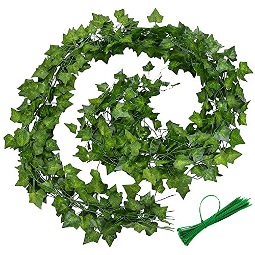 EMSMIL 12Pcs x 2m Lierre Plantes Artificiel Guirlande avec 20pcs Attaches Câble Vigne Artificielle Faux Feuillage Intérieur Exterieur Retombant Decoration pour Chambre Balcon Jardin Bureau Fête