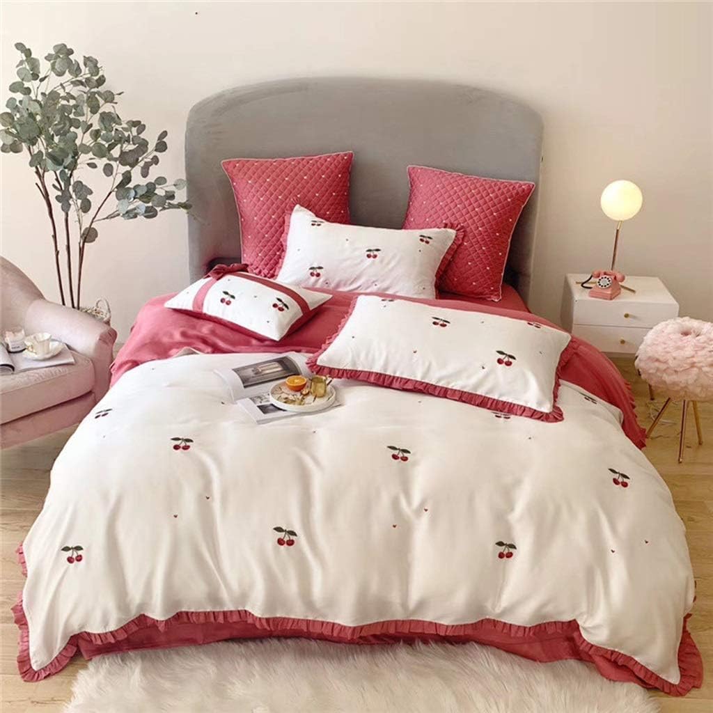 Ice Silk Bedding Bedding 4 Pieces King Size Bed Set Imitation Silk Embroidery Bed Cover Comfort Bed Sheet Pillow(2.0M)