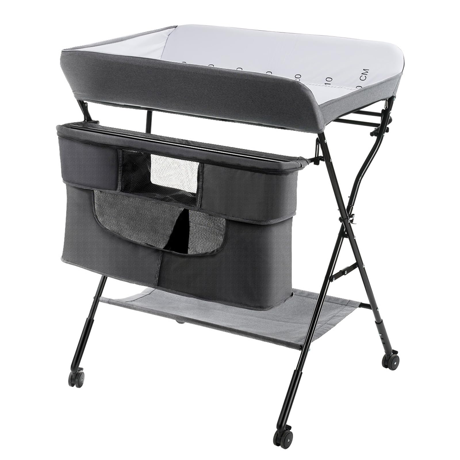 COSTWAY Fasciatoio Pieghevole Portatile, Bagnetto Cambio Pannolini per Bambini Neonati, con Ruote e Vaschetta, Altezza Regolabile 79.5x66x97-101 cm (Grigio)