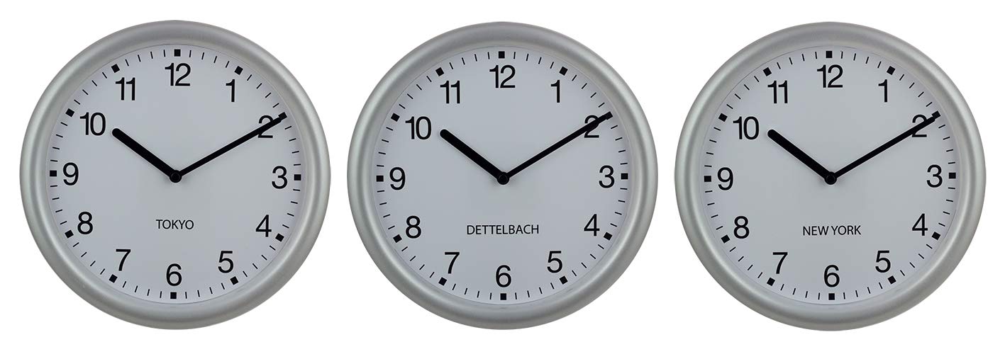 Eurotime Weltzeituhr 3er-Set 25 cm – 3 Wanduhren für Verschiedene Zeitzonen, Städtenamen frei gestaltbar, geräuscharmes Quarzwerk, gut lesbares 12-Zahlen-Zifferblatt, Silber, Büro, Hotel, 82222-07W3