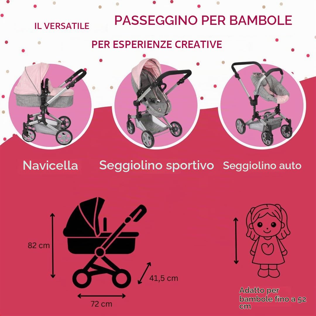 Bayer Chic 2000 - Passeggino per bambole Linus, passeggino combinato 3 in 1 per bambini dai 4 agli 8 anni, set passeggino per bambole, grigio melange, rosa, 72 x 41,5 x 82 cm