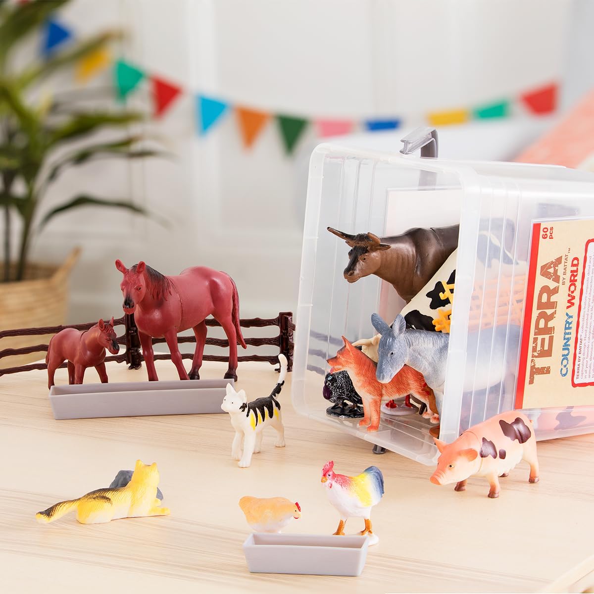 Terra by Battat – Farm Animal Figurines & Accessories – 60 Pieces Toy Animal Bucket for Kids – Cows, Pigs, Horses, Cats & More – Realistic Farm Playset – Country World Toys 3+ Years