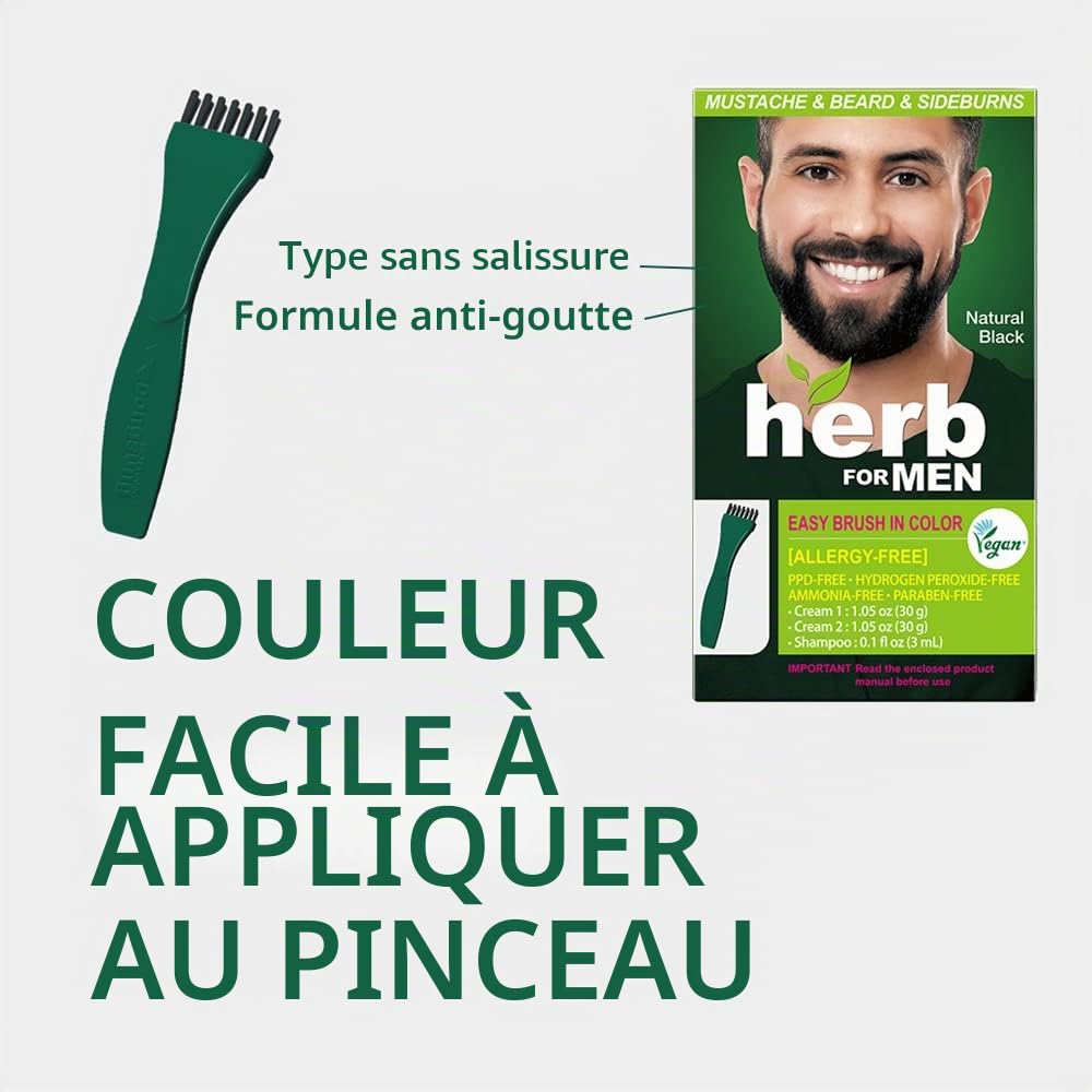 Teinture pour Moustache et Barbe Sans PPD ni Ammoniaque, Ingrédients Végétaliens Naturels, Sans Odeur, Sans Irritations Cutanées pour Peau Sensible – Noir Naturel.