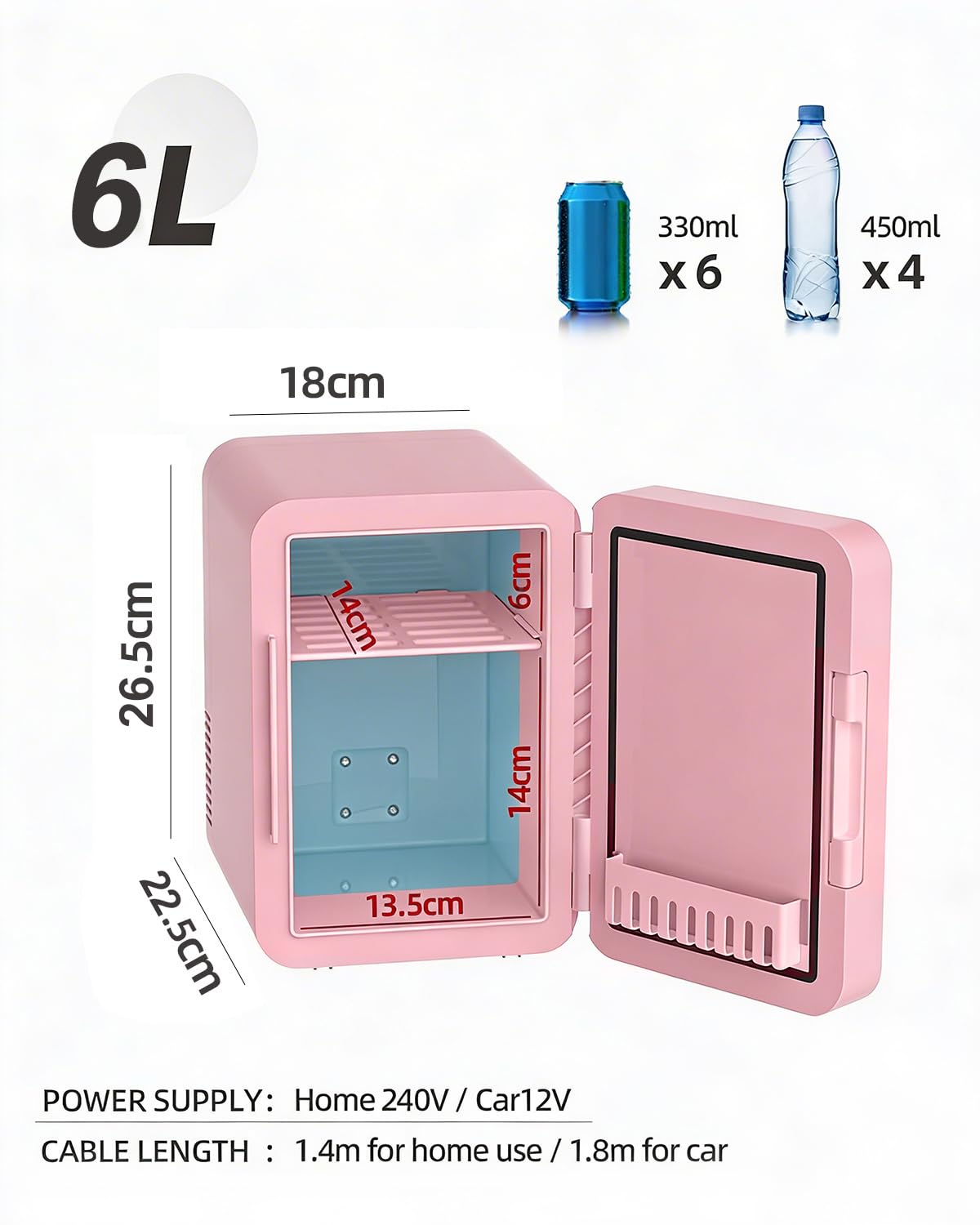 MoraRise 6L Mini Fridge for Bedrooms, Portable Cooler & Warmer Skincare Fridge with LED Mirror, AC/DC Compact Beauty Fridge for Food, Car, Home, Office, Drinks, Cosmetic, Skin care (Pink, 6L) — view 8