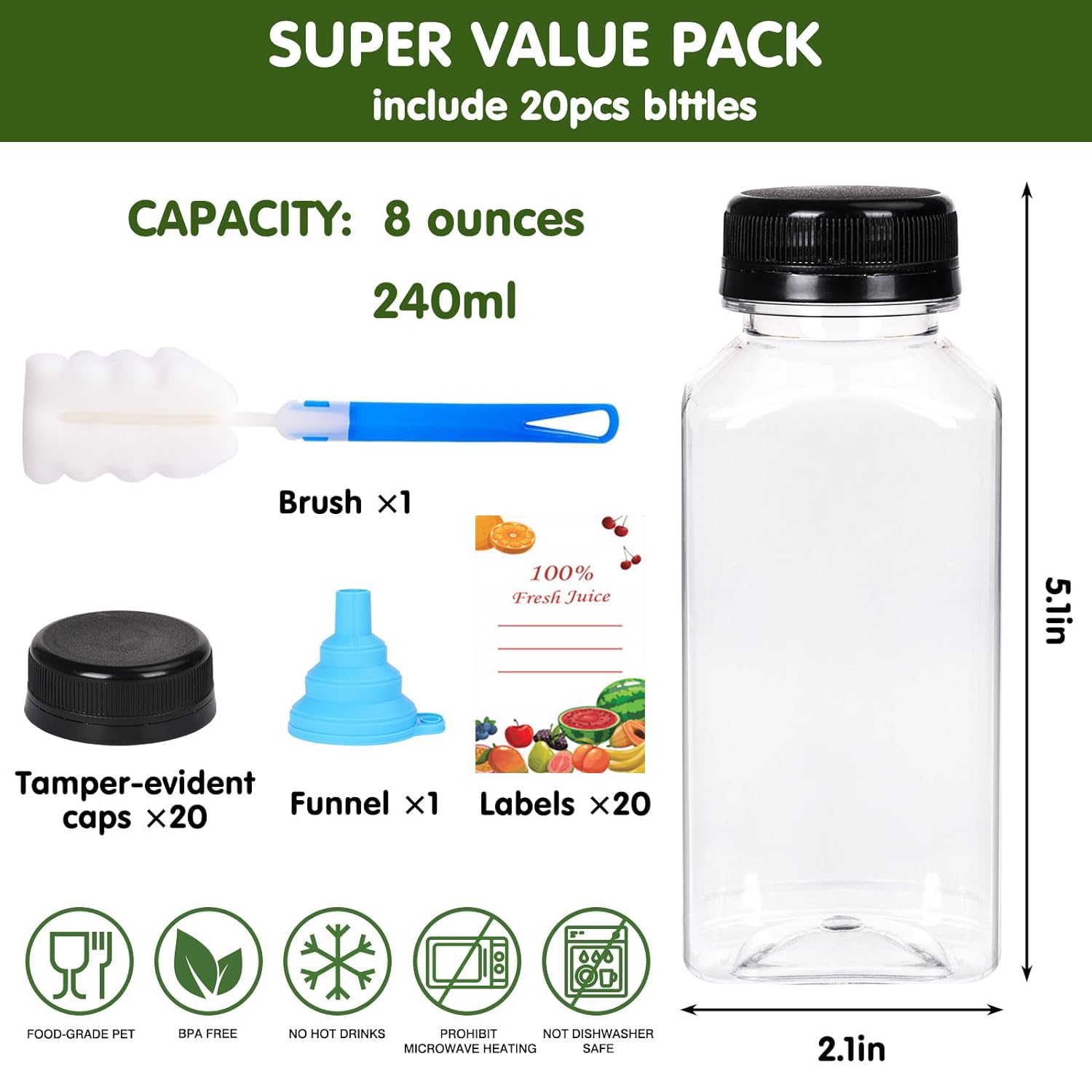 Lot de 20 bouteilles d'eau vides réutilisables en plastique avec bouchons, 240 ml, avec couvercles noirs inviolables pour jus, smoothie, lait (240 ml)