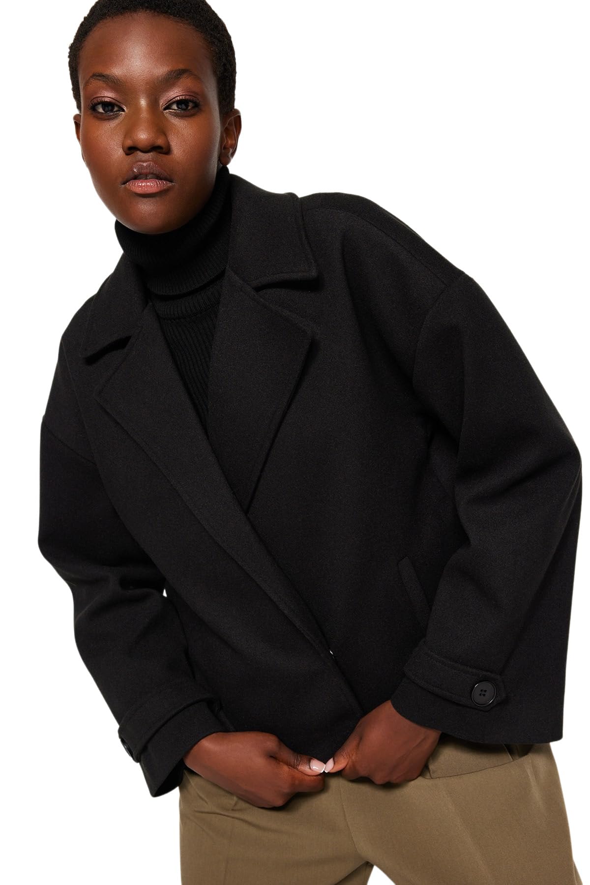 Trendyol Damen Schwarz Women's Gerade Plus Size Mantel Coat, Black, 44 Grande Taille