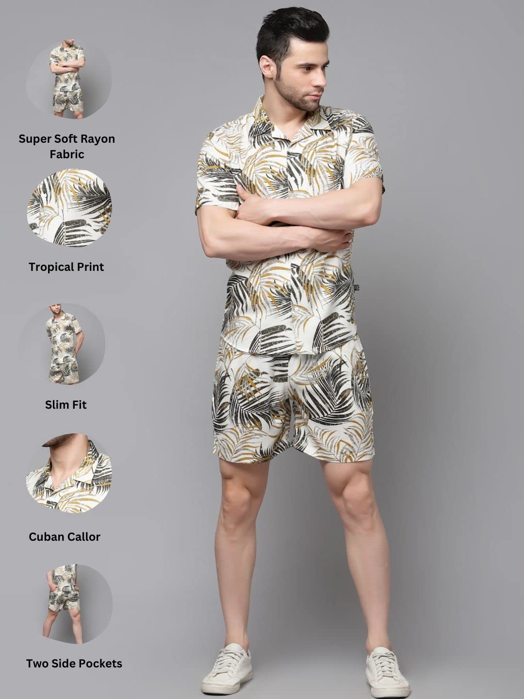 Rigo Printed Co-Ord Set For Men's | Casual Shirt & Shorts Night Suit Set | Lounge-Wear Nightdress Short Set For Men's | Night Wear, Beach Wear, Vacation Wear Outfit White White 5Xl