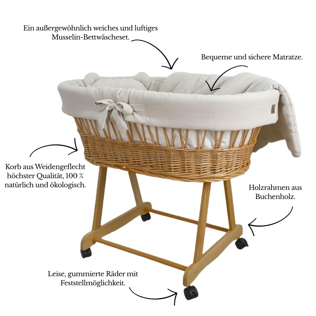 Generic cesta, moisés, carrito marrón/natural con estructura, colchón y ropa de cama (crudo)