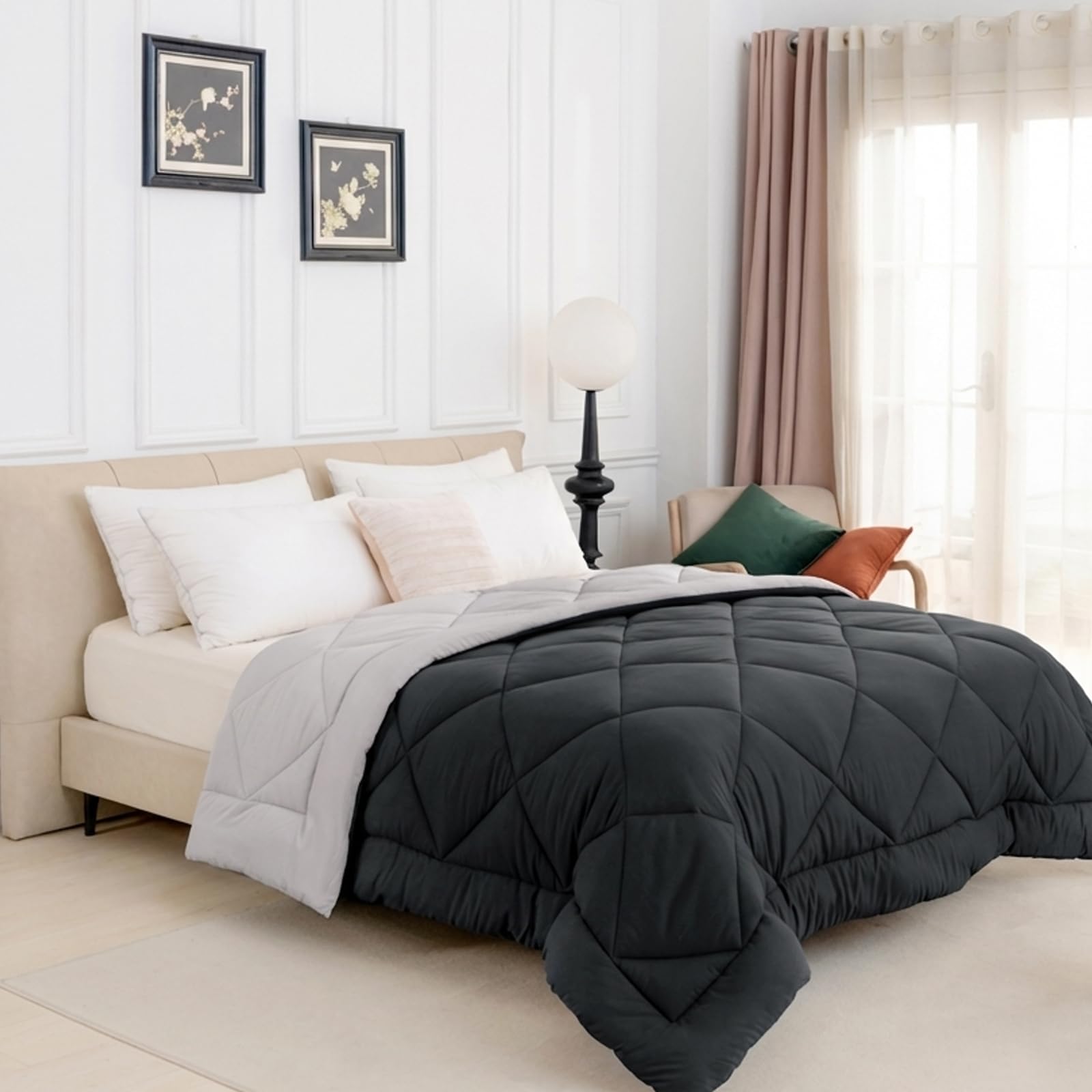 Good Nite 10.5 Tog King Coverless Duvet 230×220cm, Reversible Colour Block Quilt with Corner Tabs, Machine Washable All Season Bedding, Dark Grey & Light Grey