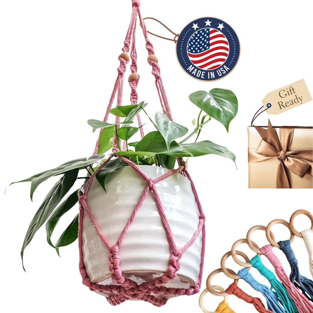 Macrame plant hanger 3ft beaded plant hanger for pots 4-8” for live plants indoor and outdoor decor hanging plant holder Boho décor Plant stand indoor Hanging planter for plant pots (Champagne Pink)