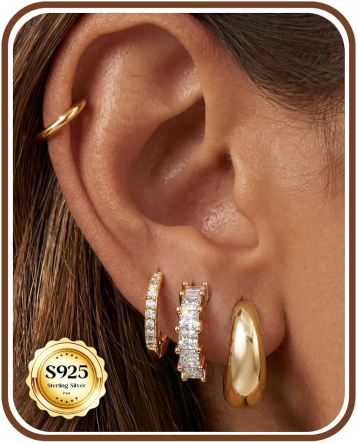 Tungary 14K Gold Plated Chunky Hoop Earrings for Women Hypoallergenic - 4 Pairs Non Tarnish Small Hoop Earrings Set for Sensitive Ears Dainty Huggie Earring Stacks, Lightweight Comfortable Jewelry