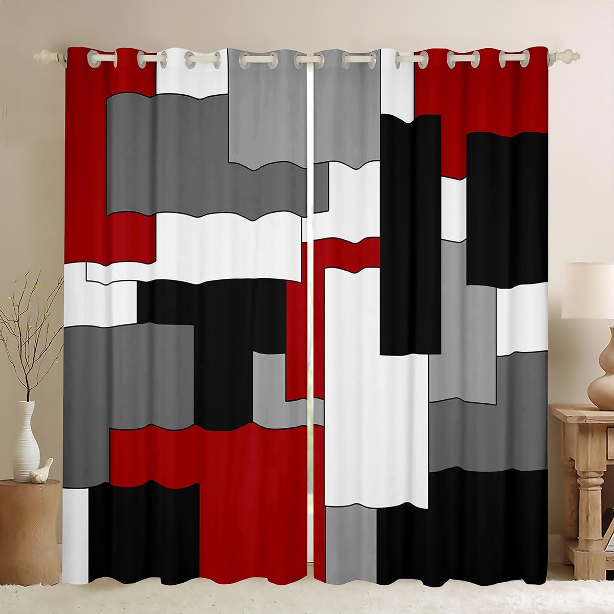 Homewish Rideau Occultant 140x175 cm Géométrique Rouge Gris, Rideau Abstrait À Échecs, Rideaux Voilage Décoratif Rayé Moderne, Voilage Fenetre Décor Intérieur de Grille Moderne pour Chambre Salon
