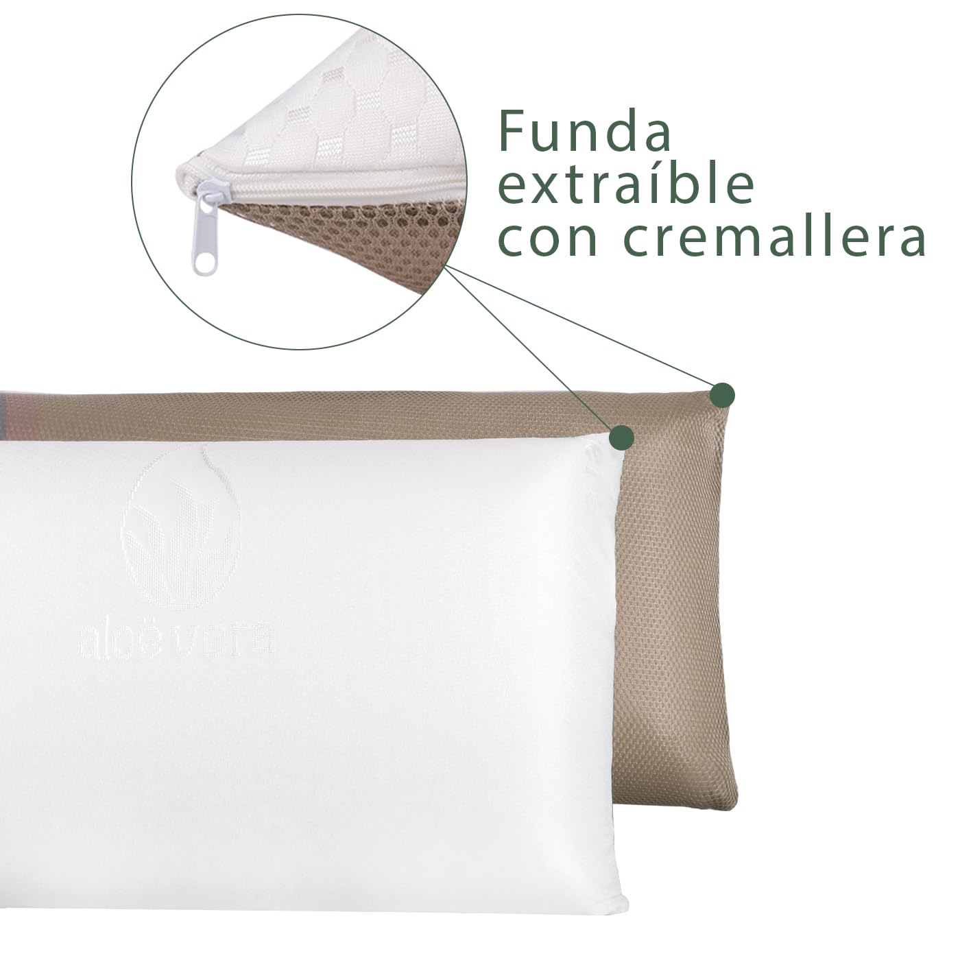 Aitsse- Almohada viscoelástica Aloe Vera Fresh 3D (150 cm) | Doble Cara Invierno y Verano. Termorreguladora, Transpirable, Funda Desenfundadle. Máximo Confort para el Descanso