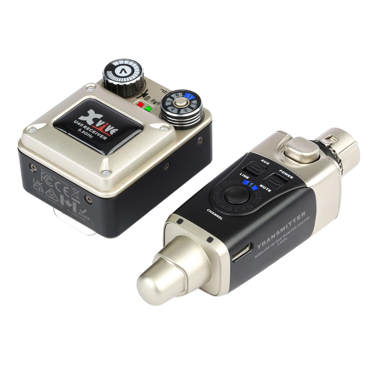Xvive - U45 IN-EAR MONITOR - Sistema di monitoraggio in-ear wireless 5.8ghz trasmettitore e ricevitore bodypack per studio, prove con la band, esibizioni dal vivo, modalità di scansione dei canali