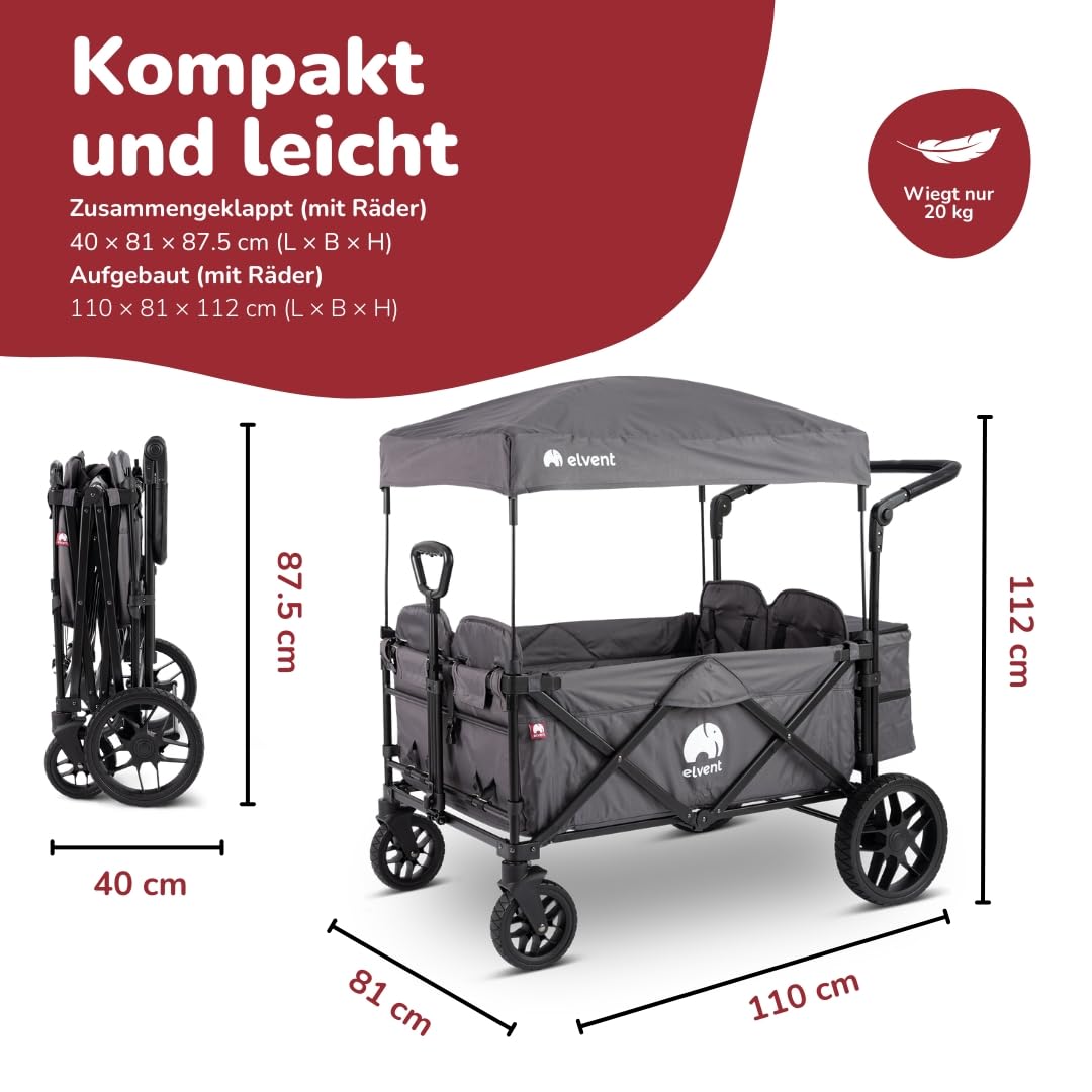 elvent® WagonPro Premium Bollerwagen/Handwagen faltbar mit Dach I 4 Sitzplätze | groß I Sitzpolster, Hecktasche, Off-Road-Reifen, Feststellbremse, 5-Punkt-Gurt I für 4 Kinder (Blau)