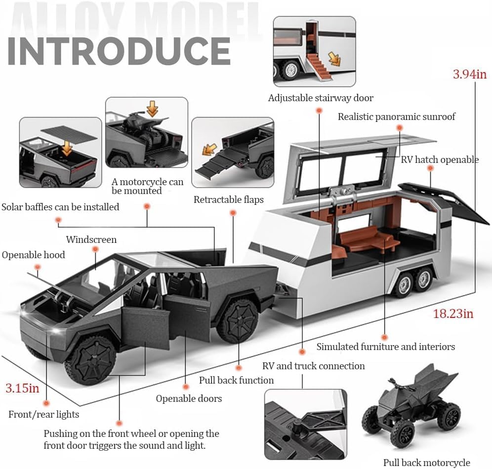 Image of Invite Enterprise 1:32 Scale Die-Cast CyberrTruck with Pick-Up Trailer with 6 Openable Doors Pull Back Action,Lights & Music Best Vehicle Gift for Kids【Pack of 1】【Random Color】