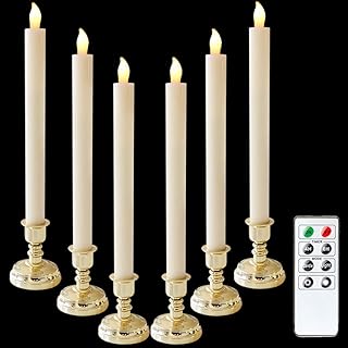 DRomance Flameless Window Taper Candlesticks with Remote and Timer, Battery Operated Real Wax Ivory LED Flickering Taper Candles Halloween Christmas Decoration(Gold Holders Included, 2.3" x 11.75")