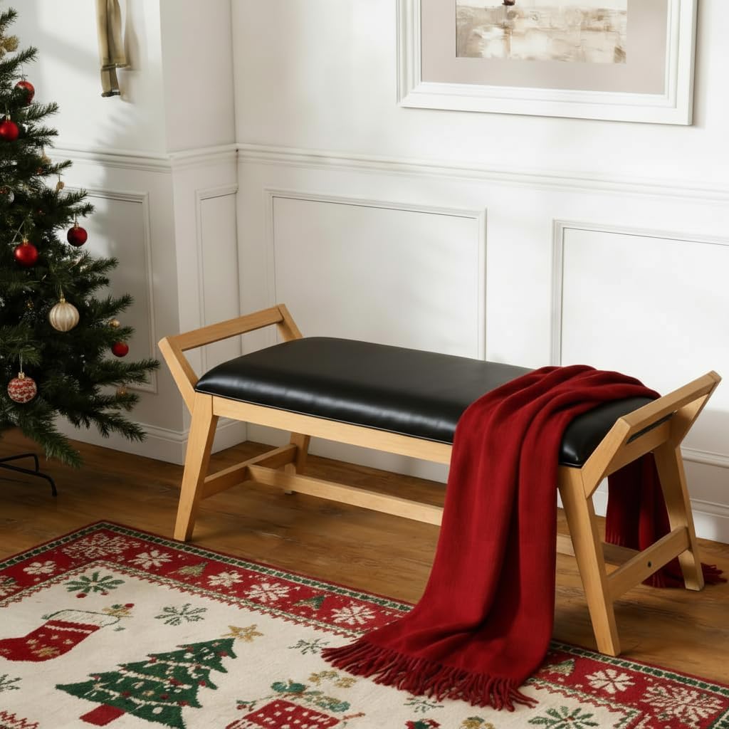 51" End of Bed Bench, Entryway Bench with Solid Wood Frame Fabric Ottoman Bench for Bedroom/Entry/Living Room, PU Leather Black