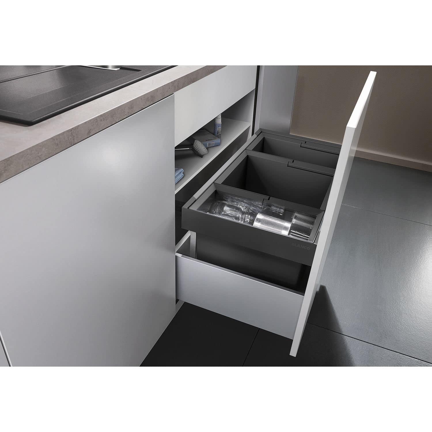 BLANCO FLEXON II low 80/3 | Abfall Müllsystem | 1x30 Liter 1x19 Liter und 1x16 Liter Eimer | Min. Einbauhöhe: 324mm | [73,6x40x32,5 cm] | für 80 cm breite Unterschränke