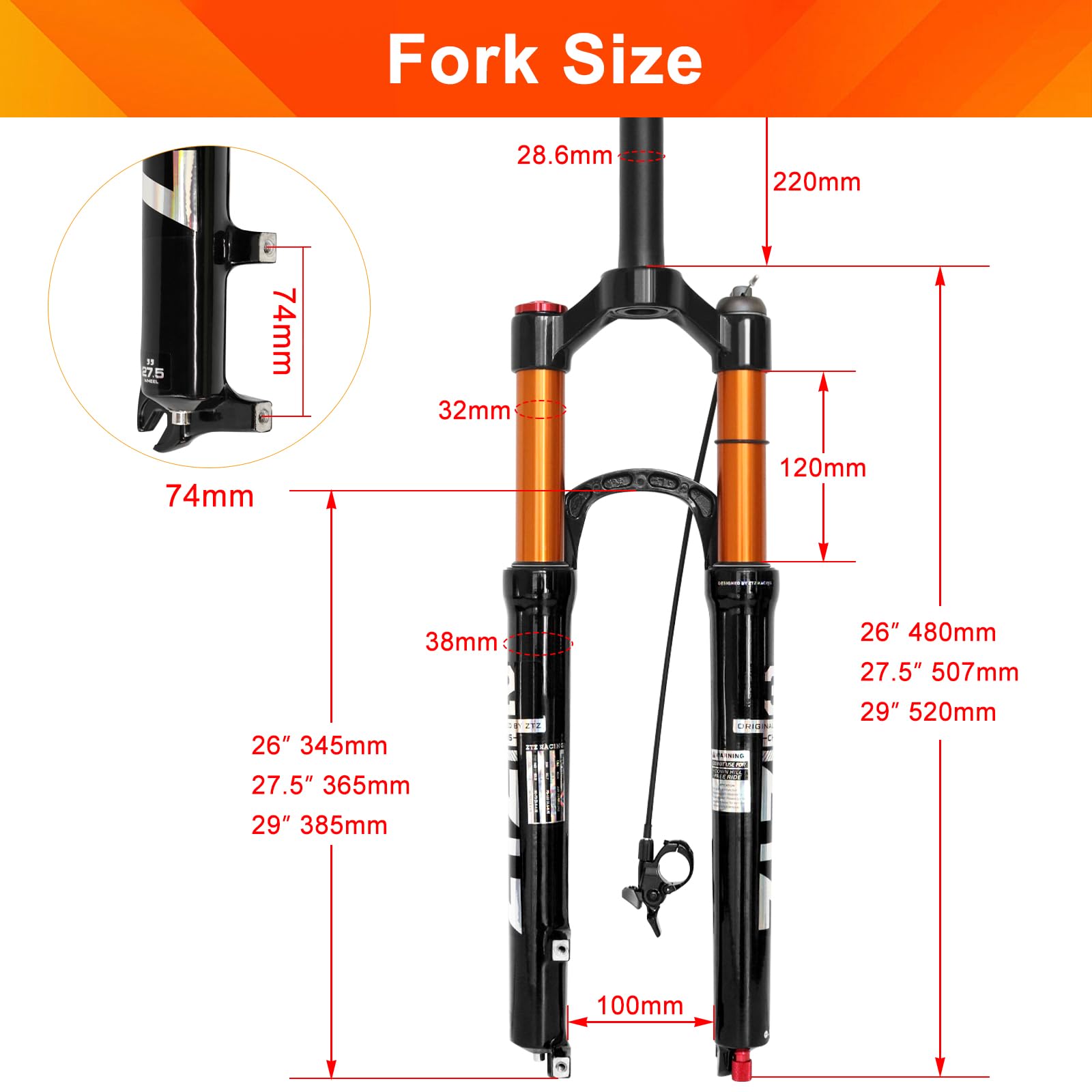 Fourche VTT, Fourche Avant VTT à Amortissement pneumatique, débattement 120 mm, Tube Droit 1 1/8 Pouce, axe Rapide QR 9 mm × 100 mm, Fourche à Suspension pneumatique pour VTT XC/AM