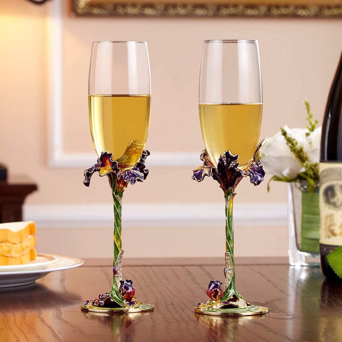 Flûtes À Champagne Ensemble De 2 Verres À Champagne 130 Ml Verres À Champagne Soufflés À La Main Fabriqués En Émaux Peints À La Main Élégante Œuvre D'art De Mariage Et D'anniversaire.-Green