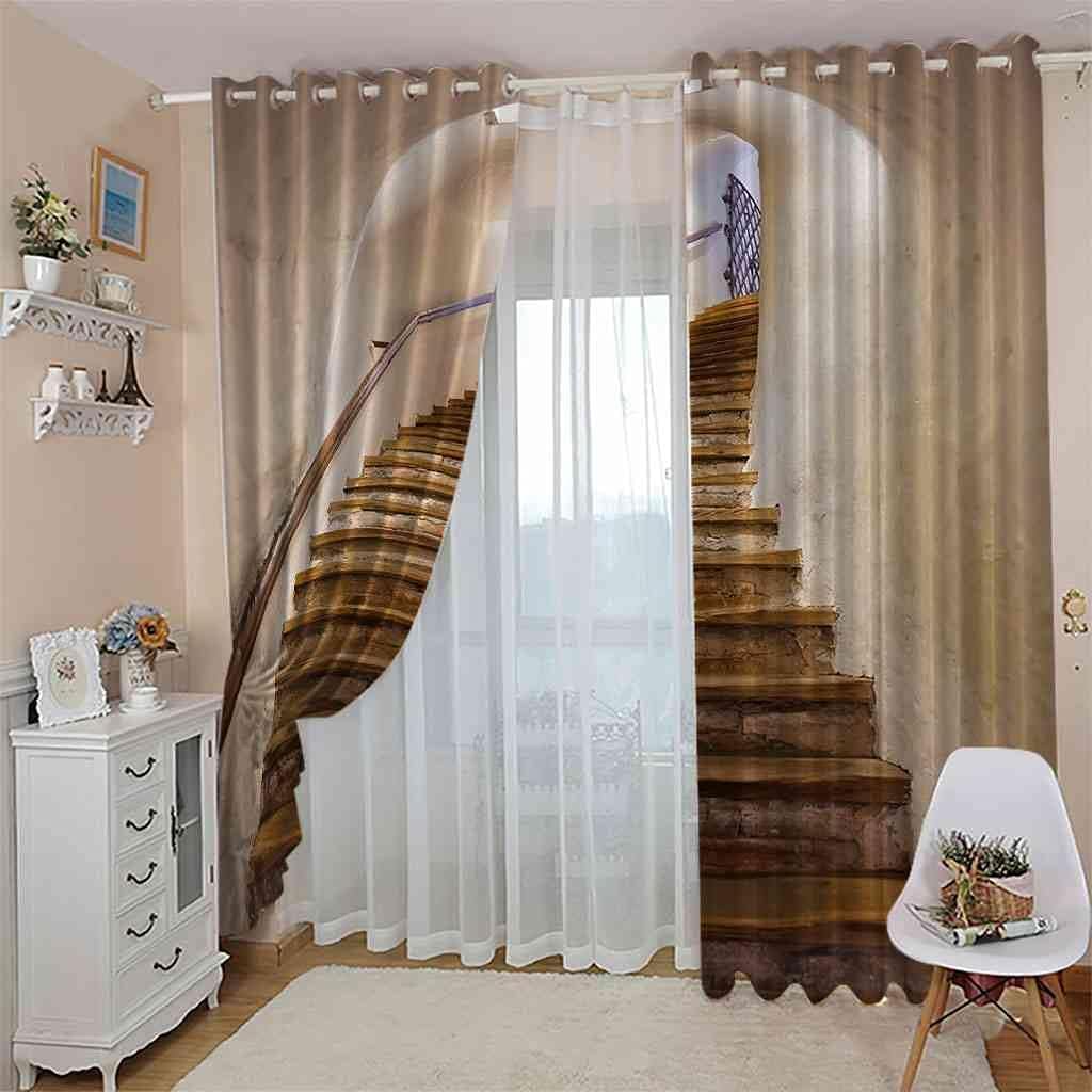 Vorhang Kinderzimmer Junge Mädchen Verdunkelungsvorhänge 3D Druck Retro-Treppe Fenster Gardinen Wohnzimmer Mit Ösen 220 X 215 cm Blickdichter Schallschutz Vorhang 2Er Set-2G3J-J7J