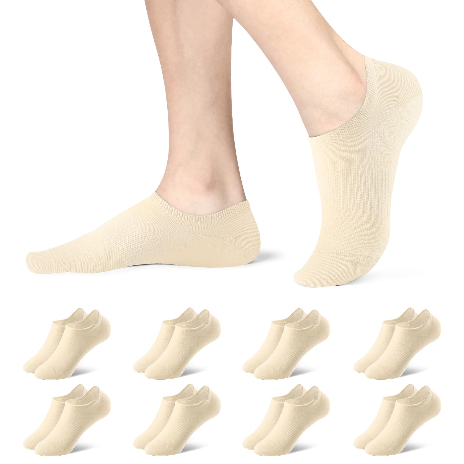 fitfets Sneaker Socken Damen Herren Füßlinge 8 Paar mit Rutschfest Silikon, Unsichtbare No Show Sneakersocken Kurz Khaki,43-46
