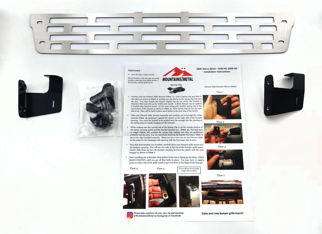 Bumper Grille Insert BRUSHED Stainless Steel Plain Rectangular Compatible with 2015-2019 Sierra 2500 3500 HD #700-10-3