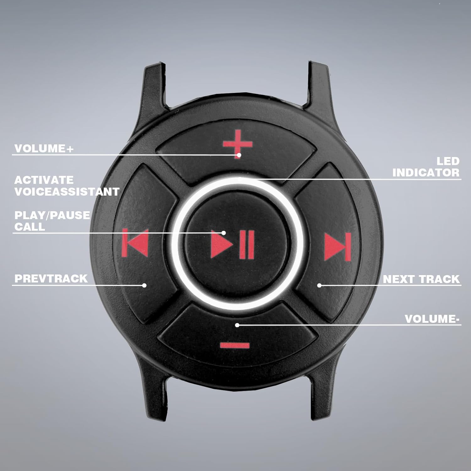 Doohoeek Bluetooth Media Control with labeled buttons for Volume Up, Volume Down, Previous Track, Next Track, Play/Pause/Call, and Voice Assistant activation, along with an LED indicator.