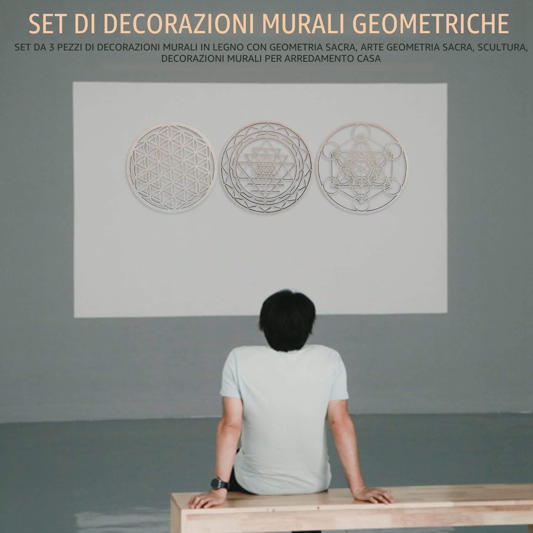 Dytabepl Set di 3 pezzi di arte da parete con geometria sacra, scultura in legno, decorazione