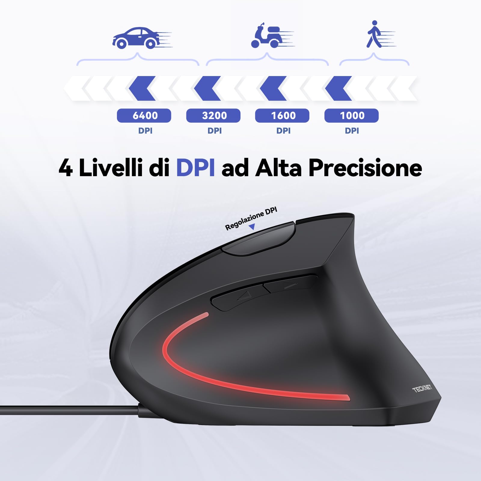 TECKNET Mouse Verticale Cablato, 6400 DPI Mouse Ergonomico con Filo | Protezione del Polso, Cavo USB 1,5 m, Mouse Silenzioso con 6 Pulsanti per PC, Laptop, Windows e Mac, Nero