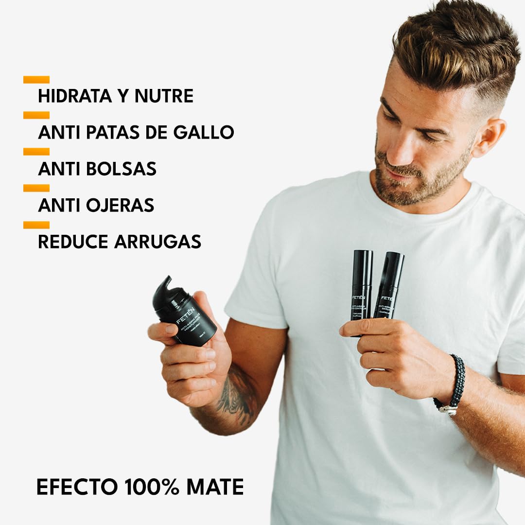 FETEN Skincare Pack Regalo para Hombre - Set Antiedad Hidratante con Crema Facial Antiarrugas, Contorno de Ojos Antiojeras y Sérum de Vitamina C, Kit Cosmética y Cuidado Personal para Hombres