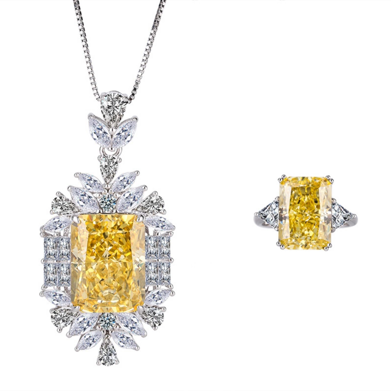 Juego de 2 piezas de joyería de boda amarillas para novia, dama de honor, collar con colgante de eslabones y anillos de tamaño 5-9, juego de joyas de diamantes de imitación de circonita cúbica