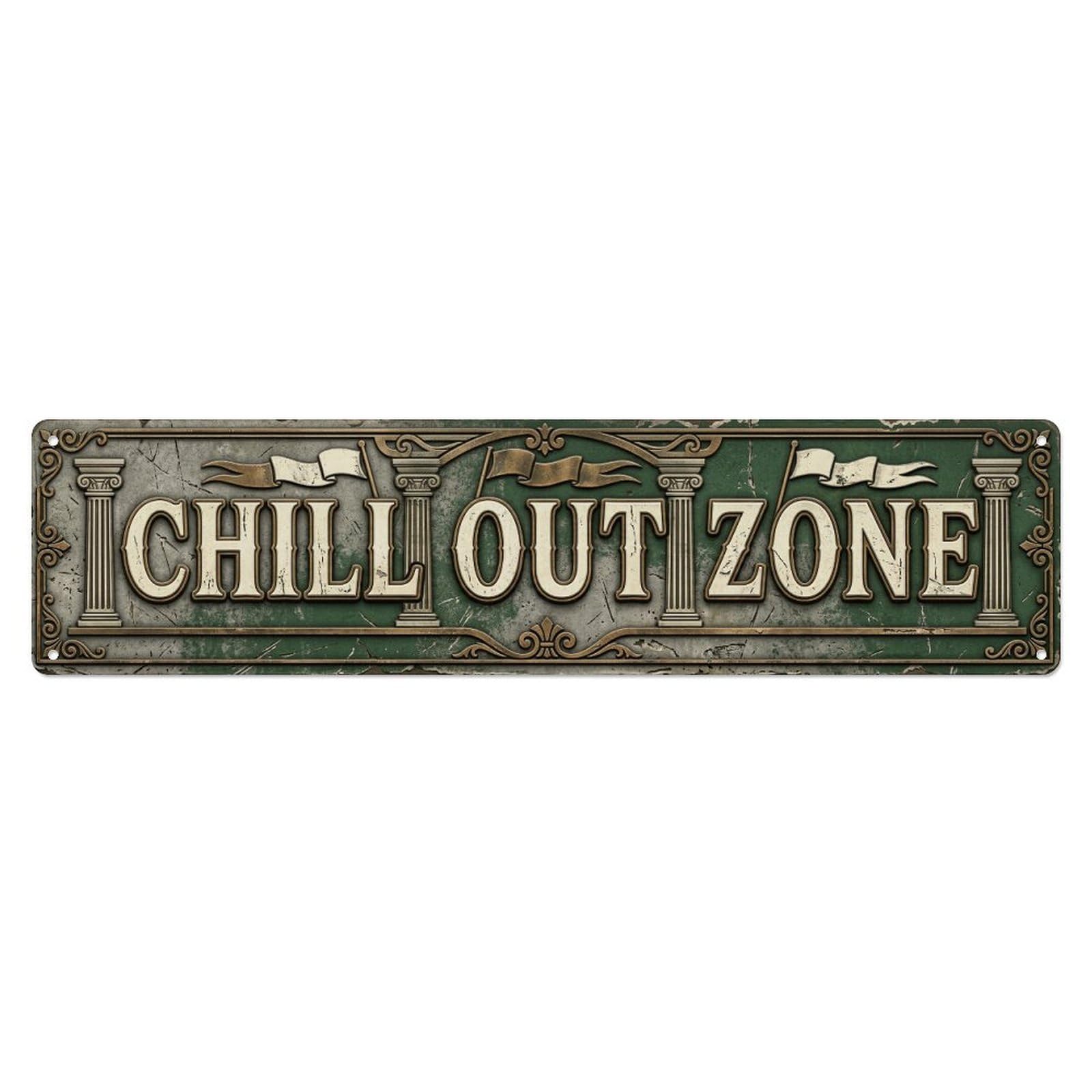 Chill Out Zone Worn Pavilion Metal Tin Skinny Sign Plaque Wall Decor for Cafe, Club Bar, Office, Home Garden Metal Poster 4x16Inch