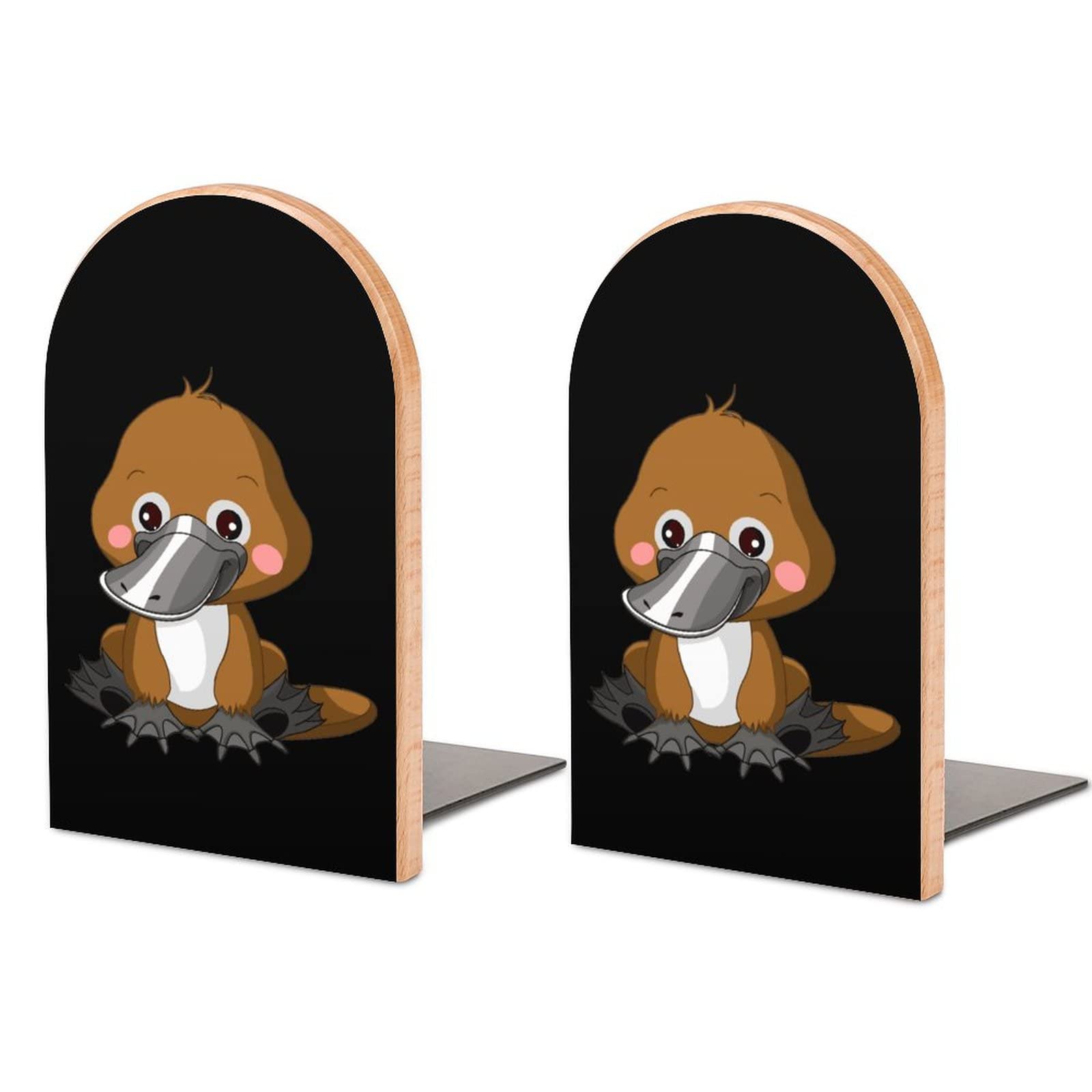 Fun Zoo Platypus Wood Bookends, Non-Skid Bookends for Shelves, Home Office Book Stand, Heavy Metal Base, Decorative Book Shelf