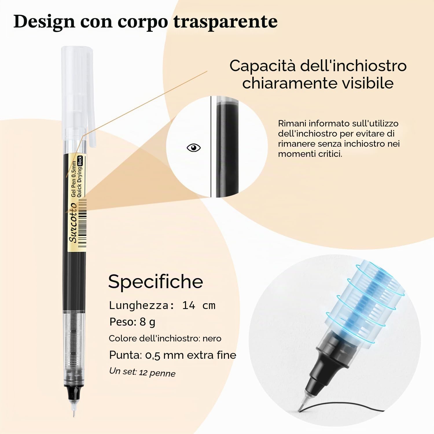 Surcotto Penne Gel Nere 0,5 mm Asciugatura Ultra Rapida per Scrivere, Disegnare e Delineare